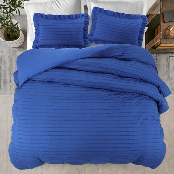 REGALWOVEN 3 Pieces Duvet Cover Set, Seersucker Textured Stripe Soft Comforter Cover Set Set Royal Blue Queen