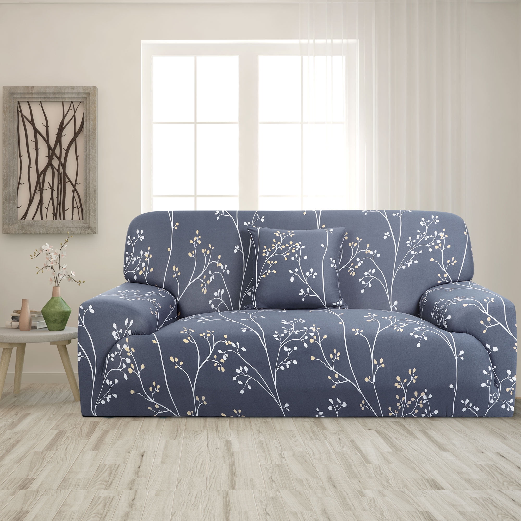 REGALWOVEN 3 Seater Sofa Slipcover Spandex Floral Print Couch Cover, Large Gray Blue