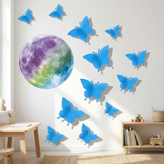 REGALWOVEN 3D Butterfly and Moon Wall Decor, Glow in the Dark, Reusable for Boys and Girls Blue 3.9" x 3.9"