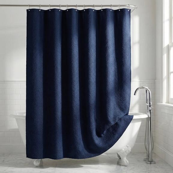 REGALWOVEN 3D Embossed Shower Curtain, Waterproof Washable Fabric, Modern Farmhouse Soft Shower Curtain Sets with 12 Hooks Dark Blue - Herringbone 71"W x 71"L