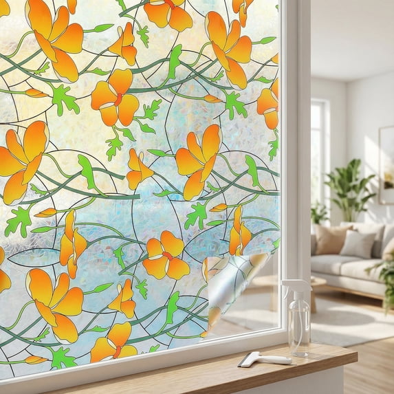 REGALWOVEN 3D Prism Window Privacy Film, Rainbow Flowers Window Stickers, Static Cling Yellow 39.4 x 23.6 Inch