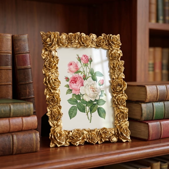 REGALWOVEN 3D Rose Resin Picture Frame, Floral Photo Frame with HD Glass for Victorian Wedding Decor & Mother's Day Gift Gold 4" x 5"