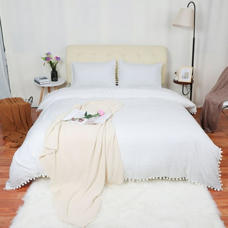 REGALWOVEN 3Pcs Duvet Quilt Cover Set with Pompoms for King Bed, White