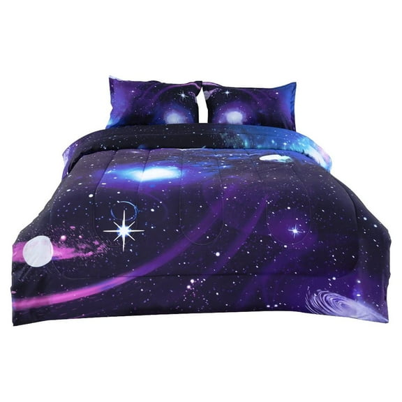 REGALWOVEN 3Pcs Galaxies Theme Comforter Set Polyester Bedding Set, Purple, Full/Queen