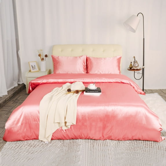 REGALWOVEN 3Pcs King Size Duvet Cover Set Silk Satin Bedding Set with 2 Pillowcases, Pink