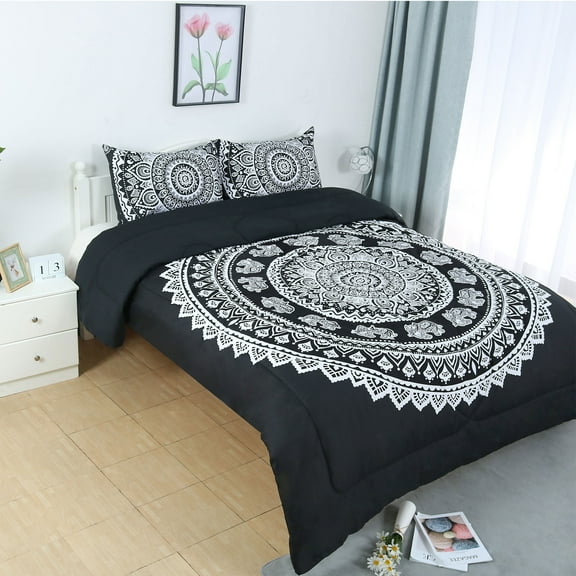 REGALWOVEN 3Pcs Queen Size Comforter Set with 2 Pillowcases for Bedding, Bohemian Black