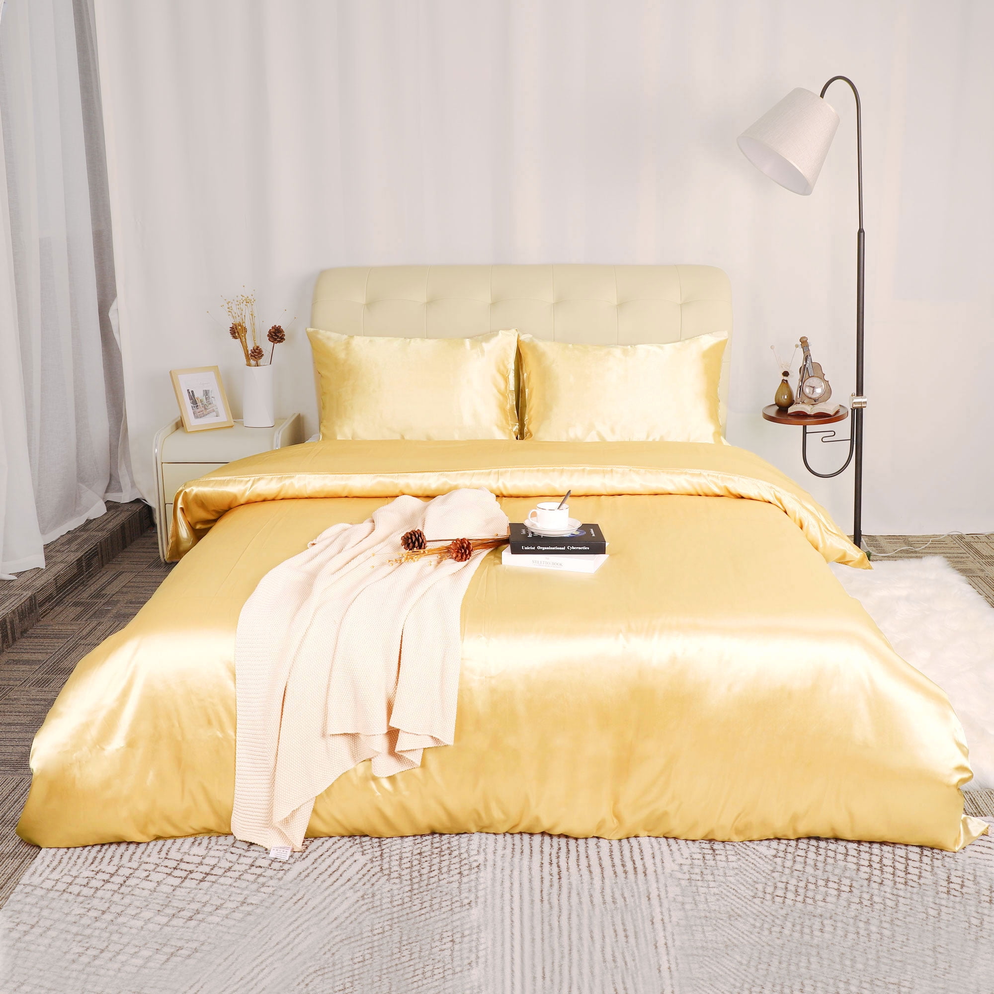 REGALWOVEN 3Pcs Queen Size Duvet Cover Set Silk Satin Bedding Set with 2 Pillowcases, Gold