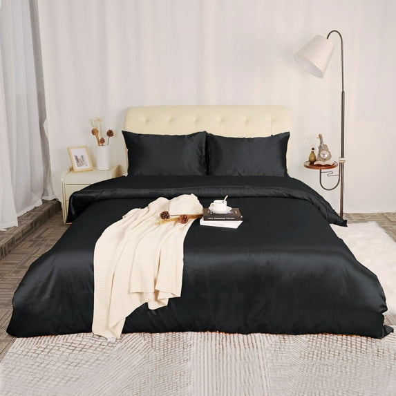 REGALWOVEN 3Pcs Satin Duvet Cover Set with 2 Pillowcases, Black Queen