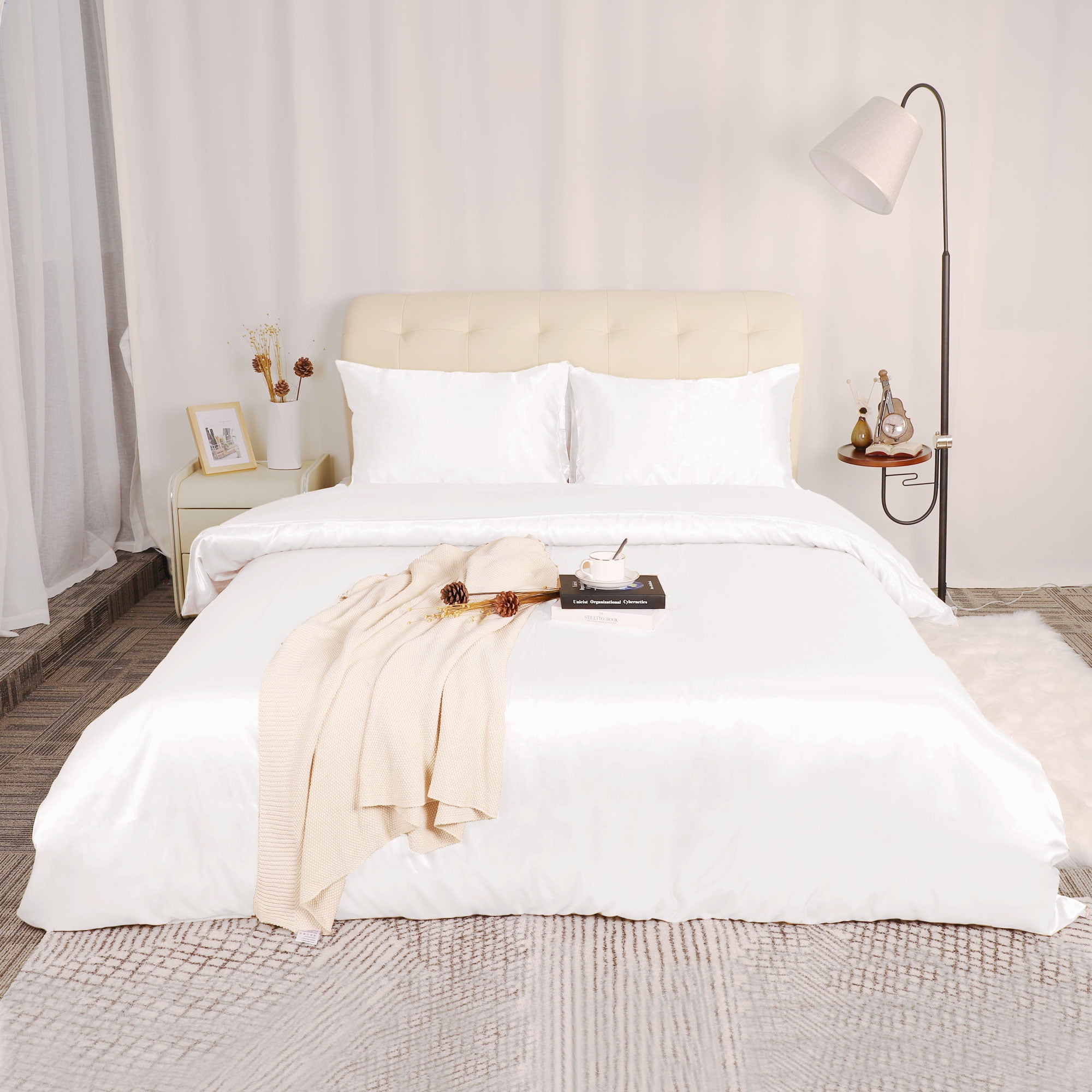 REGALWOVEN 3Pcs Satin Duvet Cover Set with 2 Pillowcases, Cream White Queen