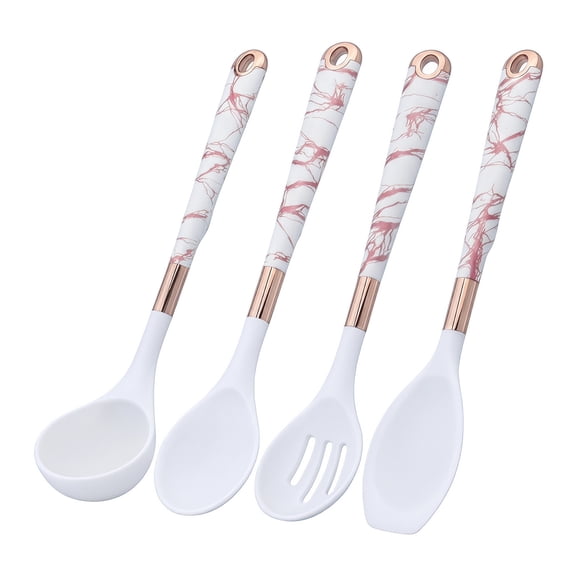 REGALWOVEN 4 Pc Silicone Utensil Set, Non Stick Safe & Heat Resistant, Includes Ladles, Slotted Spoon & Spoonula, Kitchen Must Have White ["4Pcs"]