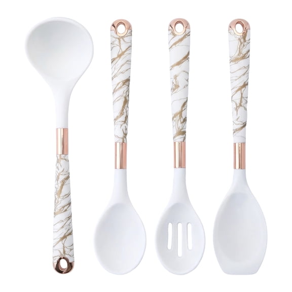 REGALWOVEN 4 Pc Silicone Utensil Set, Non Stick Safe & Heat Resistant, Includes Ladles, Slotted Spoon & Spoonula, Kitchen Must Have White C ["4Pcs"]