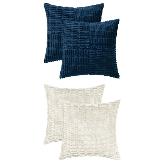 NOMADIC NOOK 4 Pcs Corduroy Decorative Throw Pillow Covers Soft Boho Striped Cushion Covers Beige 18" x 18" Beige/Dark Bule