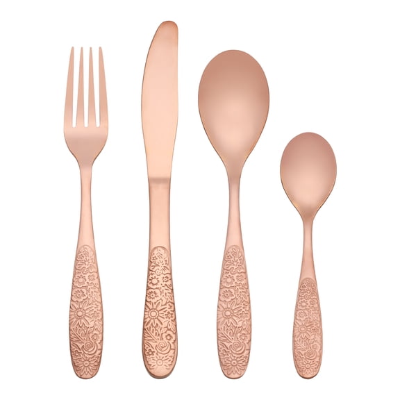 REGALWOVEN 4 Piece Silverware Set, Set for 1 Stainless Steel Floral Flatware, Modern Cutlery Set Includes Knife Fork Spoons Rose Gold 4