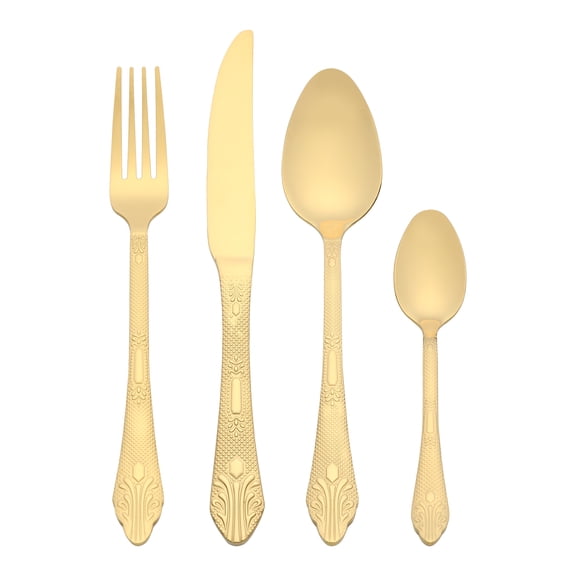 REGALWOVEN 4 Piece Silverware Set, Stainless Steel Floral Flatware Set for 1, Cutlery Set Includes Knife Fork Spoons Gold 4