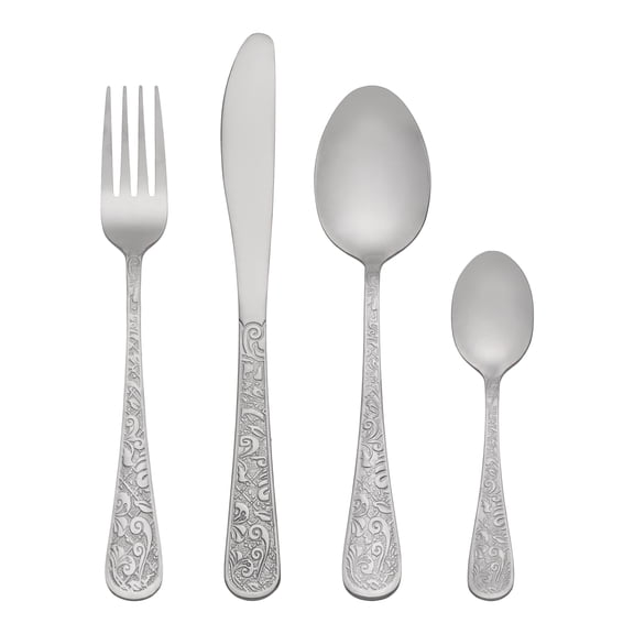 REGALWOVEN 4 Piece Silverware Set, Stainless Steel Floral Flatware Set for 1, Modern Cutlery Set Includes Knife Fork Spoon and Tea Spoon Silver 4