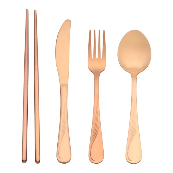 REGALWOVEN 4 Piece Silverware Set, Stainless Steel Texture Flatware Set for 1, Modern Cutlery Set Includes Dinner Knife Fork Spoon Rose Gold 4