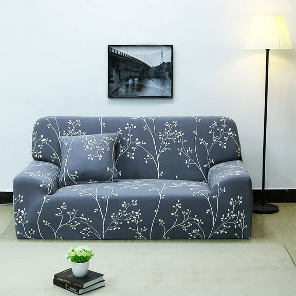 REGALWOVEN 4 Seater Sofa Slipcovers Stretch Couch Covers with Folral Print Grey Blue X-Large