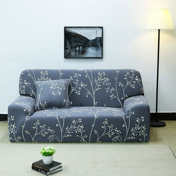 REGALWOVEN 4 Seater Sofa Slipcovers Stretch Couch Covers with Folral Print Grey Blue X-Large