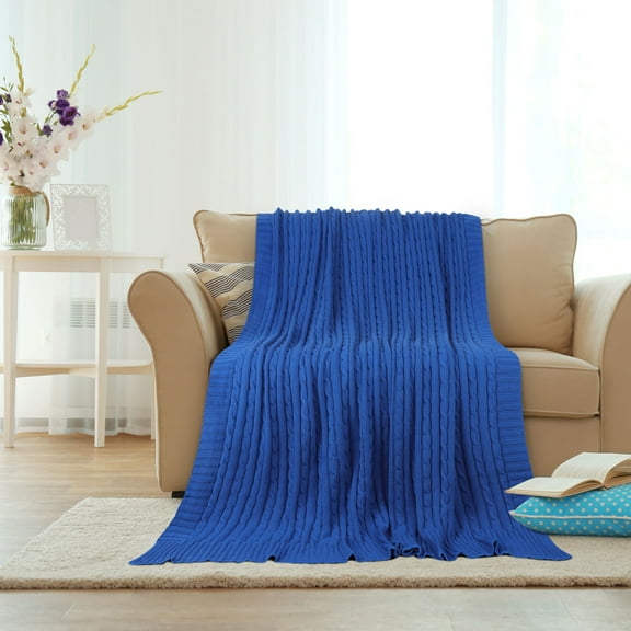 Cotton Blanket Decorative Cable Knitted Throw Soft Knit Blankets Blue Throw(47" x 70")