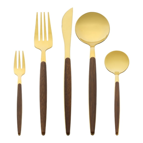 REGALWOVEN 5 Piece Silverware Set, Stainless Steel Flatware with Knife, Spoons, and Forks Set, Serving Utensils Set for Kitchen Eating Tableware Gold 5