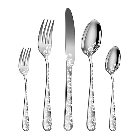 REGALWOVEN 5 Piece Silverware Set, Stainless Steel Flatware Set, Mirror Polished Cutlery Set for 1, Serving Utensils Set Silver B 5