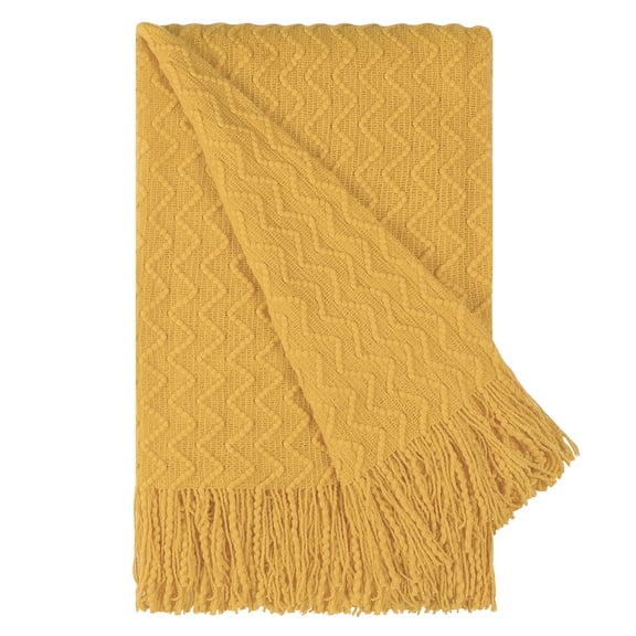 REGALWOVEN 50"x60" Acrylic Throw Blanket Knit Wave Pattern Decorative Blanket with Tassels, Yellow