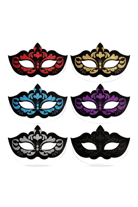 6-Pack Glitter Masquerade Mask, Shiny Paper Venetian Eye Mask Set for Halloween Party Supplies Style A Set 6.7" x 3.9"