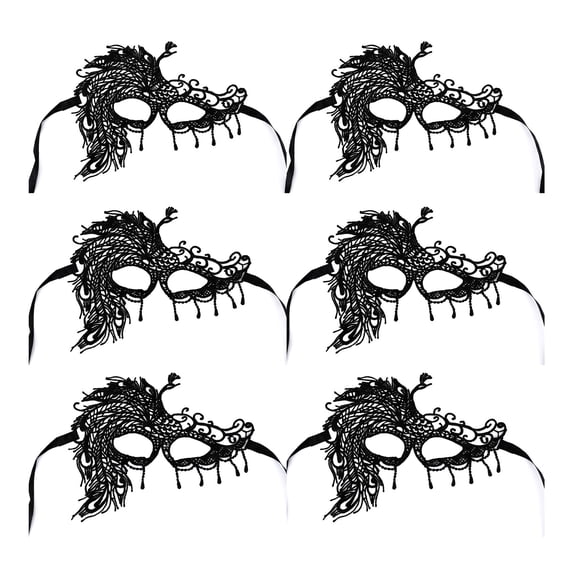 REGALWOVEN 6-Pack Masquerade Mask,Lace Eye Mask Set for Halloween, Carnival, Prom Ball, Costume Party Bulk Black Peacock 6.3" x 3.1"