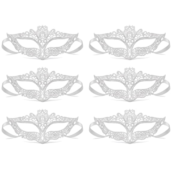 REGALWOVEN 6-Pack Masquerade Mask,Venetian Lace Eye Mask Set for Halloween Costume Party,Prom Ball Bulk White Cat Face 8.7" x 5.1"