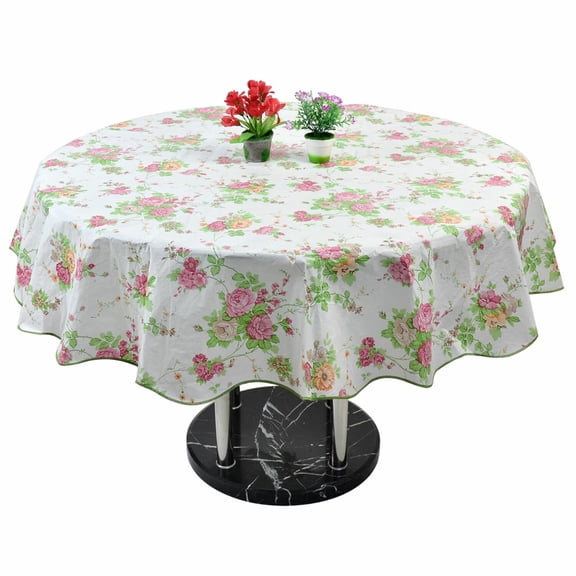REGALWOVEN 60" Round Linen Tablecloth Rose Print Waterproof Table Cloth Cover for Home Hotel Pink