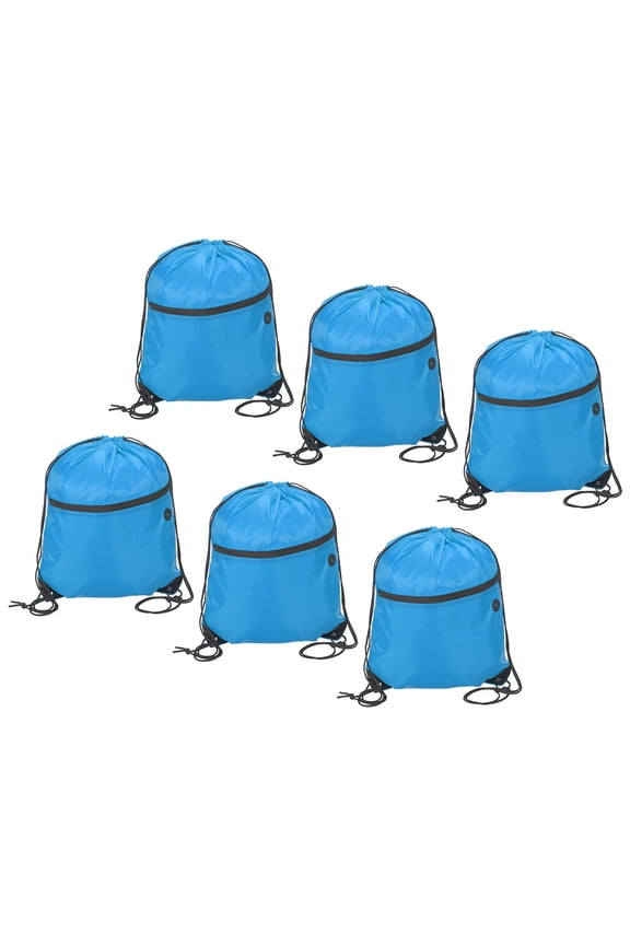 6Pcs Polyester Drawstring Bag, Gym Draw String Backpack with Zipper Pocket Light Blue