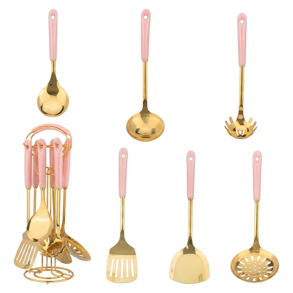 REGALWOVEN 7 Pcs Cooking Utensil Set, Stainless Steel Kitchen Gadgets for Home Cooking Pink Gold A 7