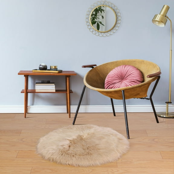 REGALWOVEN Area Rug Faux Fur Carpet for Home, 2x2 Feet Round, Khaki