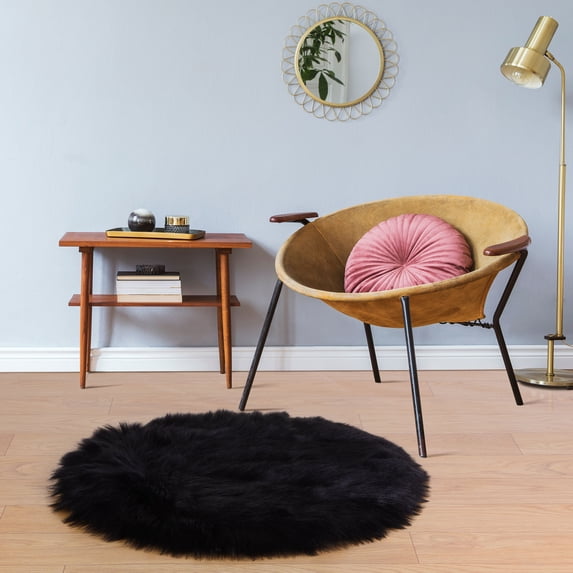 REGALWOVEN Area Rug Faux Fur Carpet for Home, 3x3 Feet Round, Black