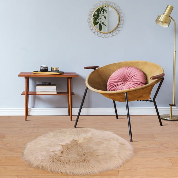 REGALWOVEN Area Rug Faux Fur Carpet for Home, 3x3 Feet Round, Khaki