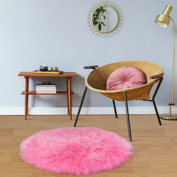 REGALWOVEN Area Rug Faux Fur Carpet for Home, 3x3 Feet Round, Rose Red