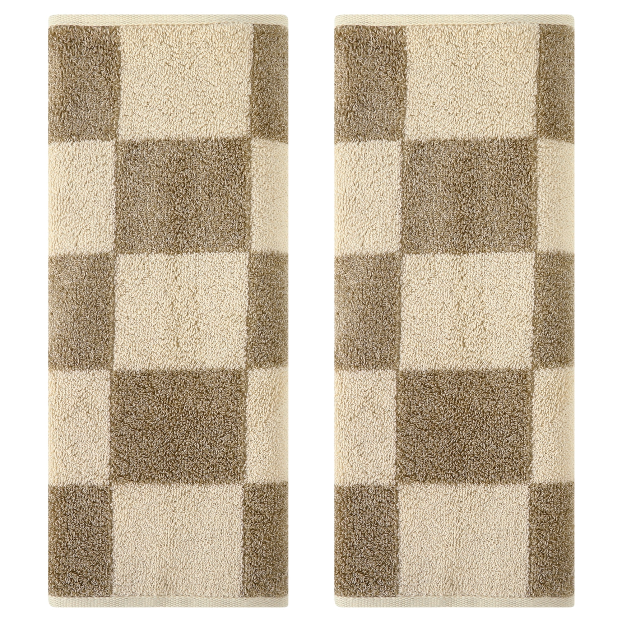 REGALWOVEN Bathroom Checkered Decorative Hand Towel Set 14" x 28", Cotton Face Towels Soft Absorbent for Spa, Bath, Gym, Kitchen Brown and Beige Plaid 2-Piece