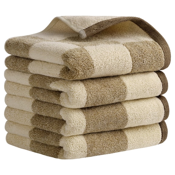REGALWOVEN Bathroom Checkered Decorative Hand Towel Set 14" x 28", Cotton Face Towels Soft Absorbent for Spa, Bath, Gym, Kitchen Brown and Beige Plaid 4-Piece