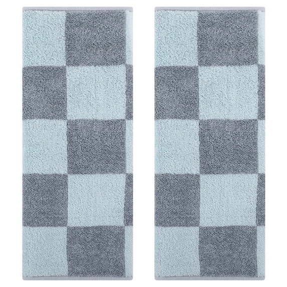 REGALWOVEN Bathroom Checkered Decorative Hand Towel Set 14" x 28", Cotton Face Towels Soft Absorbent for Spa, Bath, Gym, Kitchen Grey and Light Blue Plaid 2-Piece