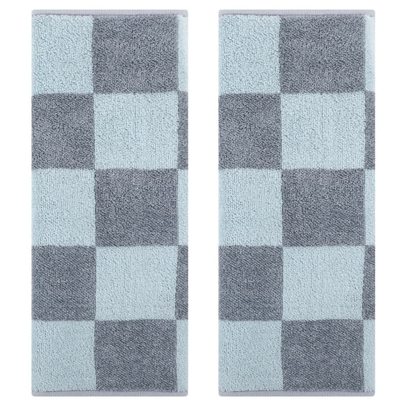 REGALWOVEN Bathroom Checkered Decorative Hand Towel Set 14" x 28", Cotton Face Towels Soft Absorbent for Spa, Bath, Gym, Kitchen Grey and Light Blue Plaid 2-Piece