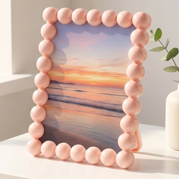 REGALWOVEN Beaded Resin Picture Frame with Glass, Elegant Pearl Border Photo Frame for Tabletop Display & Wall Mounting, Set of 1 Pink 4" x 6"