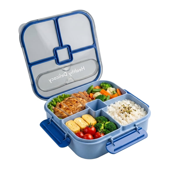 REGALWOVEN Bento Box Adult Lunch Box, Square Split Compartment Meal Container with Built-in Cutlery Slot for Work Travel Blue-1