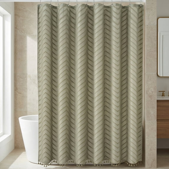REGALWOVEN Boho Farmhouse 3D Wavy Striped Shower Curtain with Tassel Shower Curtain Sets with 12 Hooks, Water-Repellent Fabric Green 72"W x 72"L