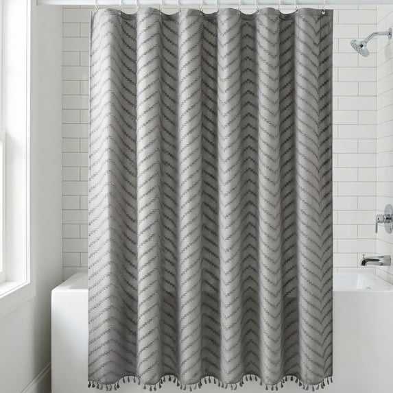 REGALWOVEN Boho Farmhouse 3D Wavy Striped Shower Curtain with Tassel Shower Curtain Sets with 12 Hooks, Water-Repellent Fabric Grey 72"W x 72"L