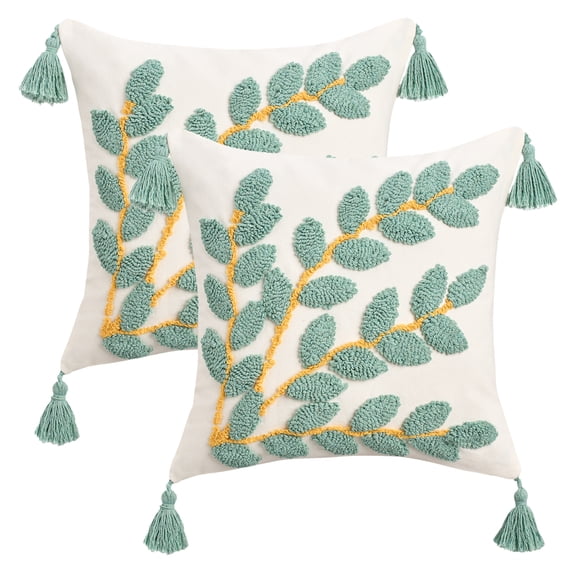 REGALWOVEN Boho Leaf Embroidery Throw Pillow Cover with Tassels, Set of 2 Decorative Sofa Cushion Cover for Fall Farmhouse 18" x 18" Green Small Leaves