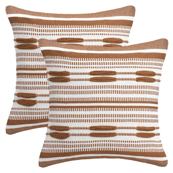 REGALWOVEN Boho Striped Decorative Throw Pillow Covers Pack of 2 Soft Square Cushion Covers for Sofa Bedroom Living Room Home Decor Brown 18" x 18"