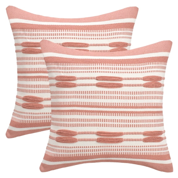 REGALWOVEN Boho Striped Decorative Throw Pillow Covers Pack of 2 Soft Square Cushion Covers for Sofa Bedroom Living Room Home Decor Pink 18" x 18"