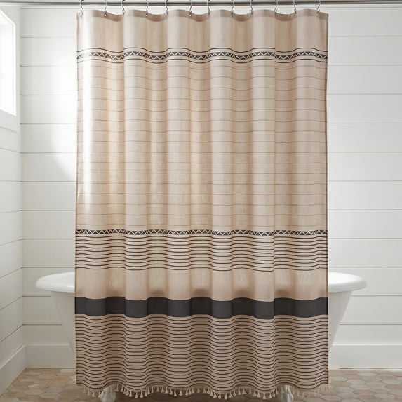 REGALWOVEN Boho Striped Shower Curtain Sets with 12 Hooks, Faux Linen Look Fabric for Bathroom Grey 71"W x 71"L