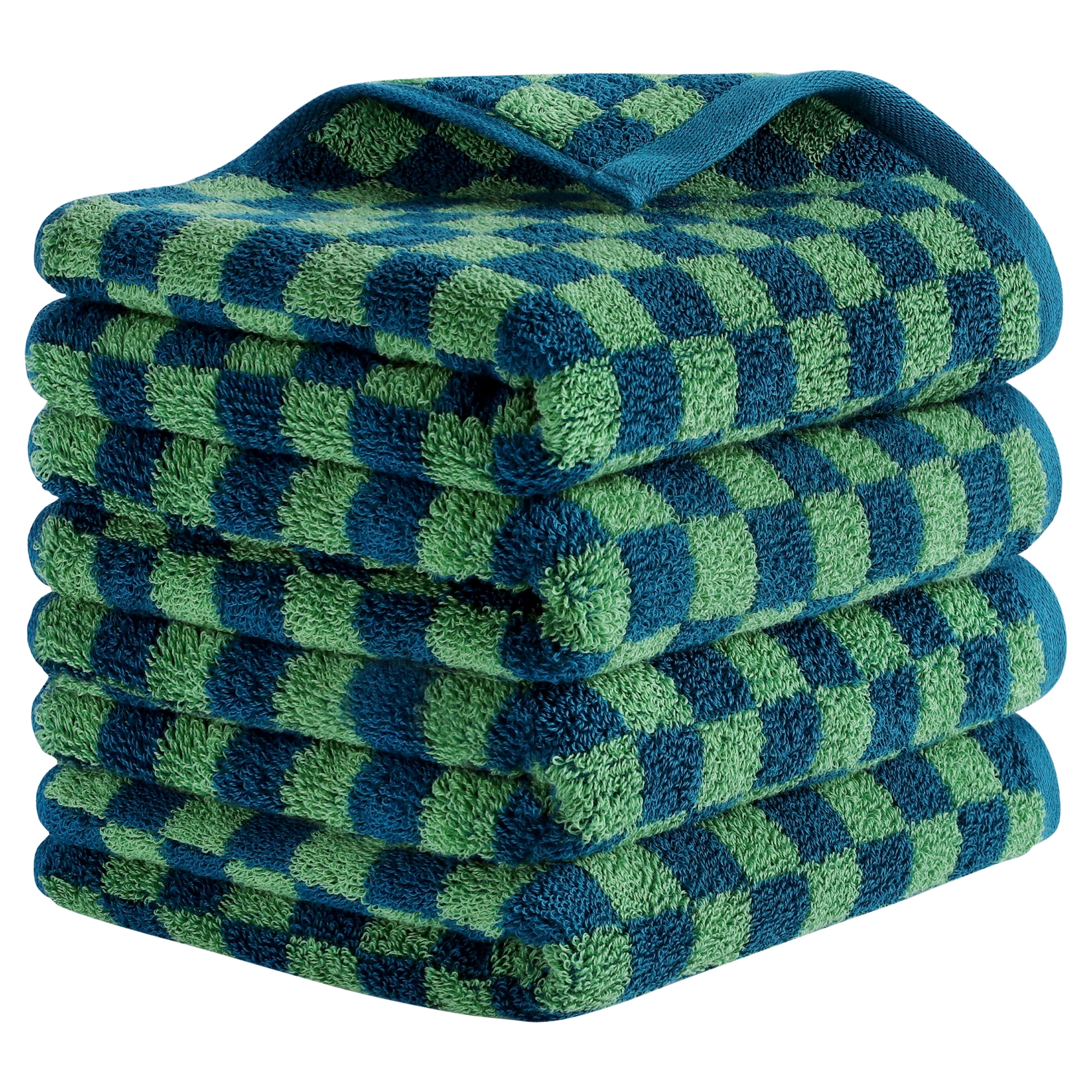 REGALWOVEN Checkered Cotton Hand Towels for Bathroom, Geometry Pattern Soft Absorbent Bath Hand Towel for Home Decor Blue Green 4-Piece