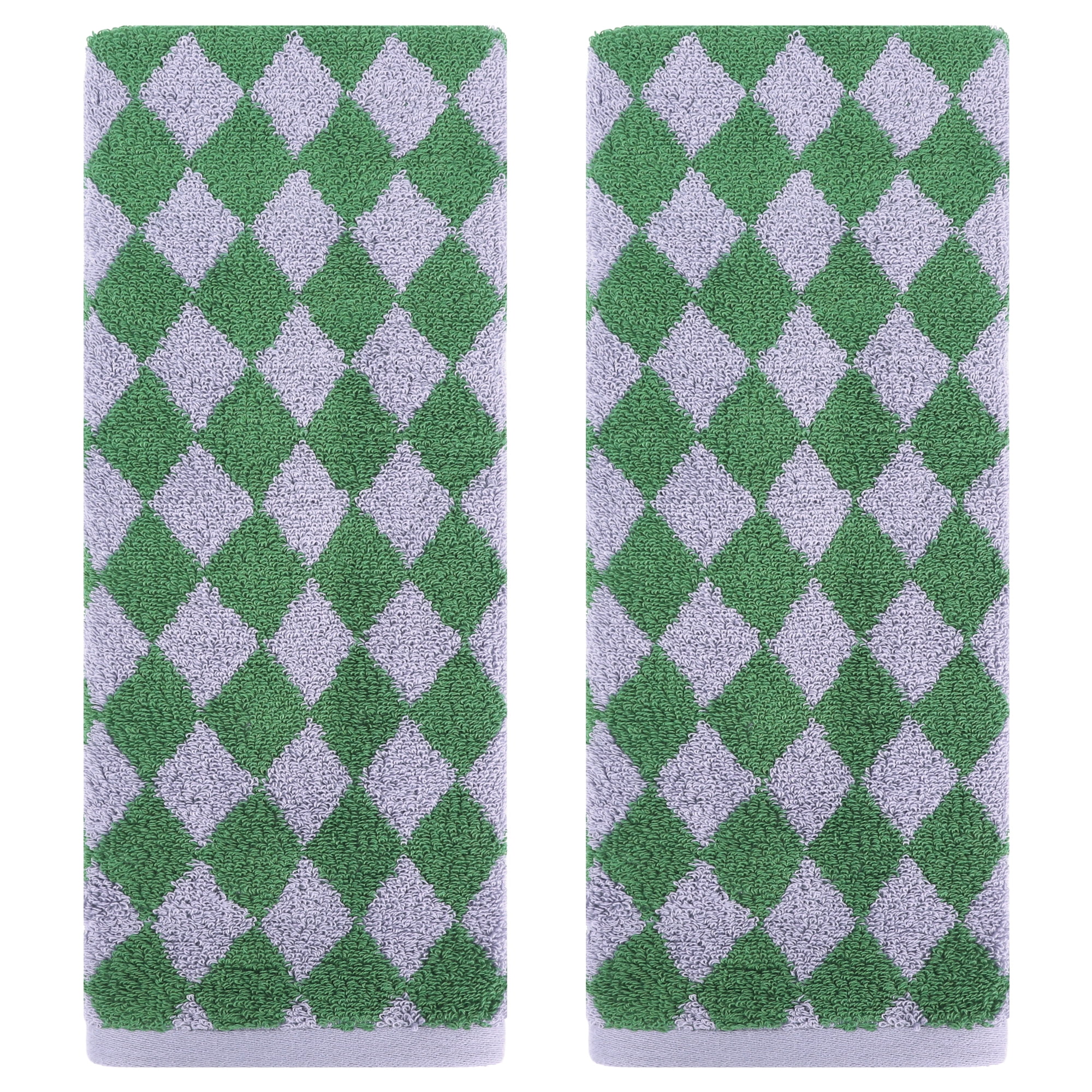 REGALWOVEN Checkered Cotton Hand Towels for Bathroom, Geometry Pattern Soft Absorbent Bath Hand Towel for Home Decor Green 2-Piece